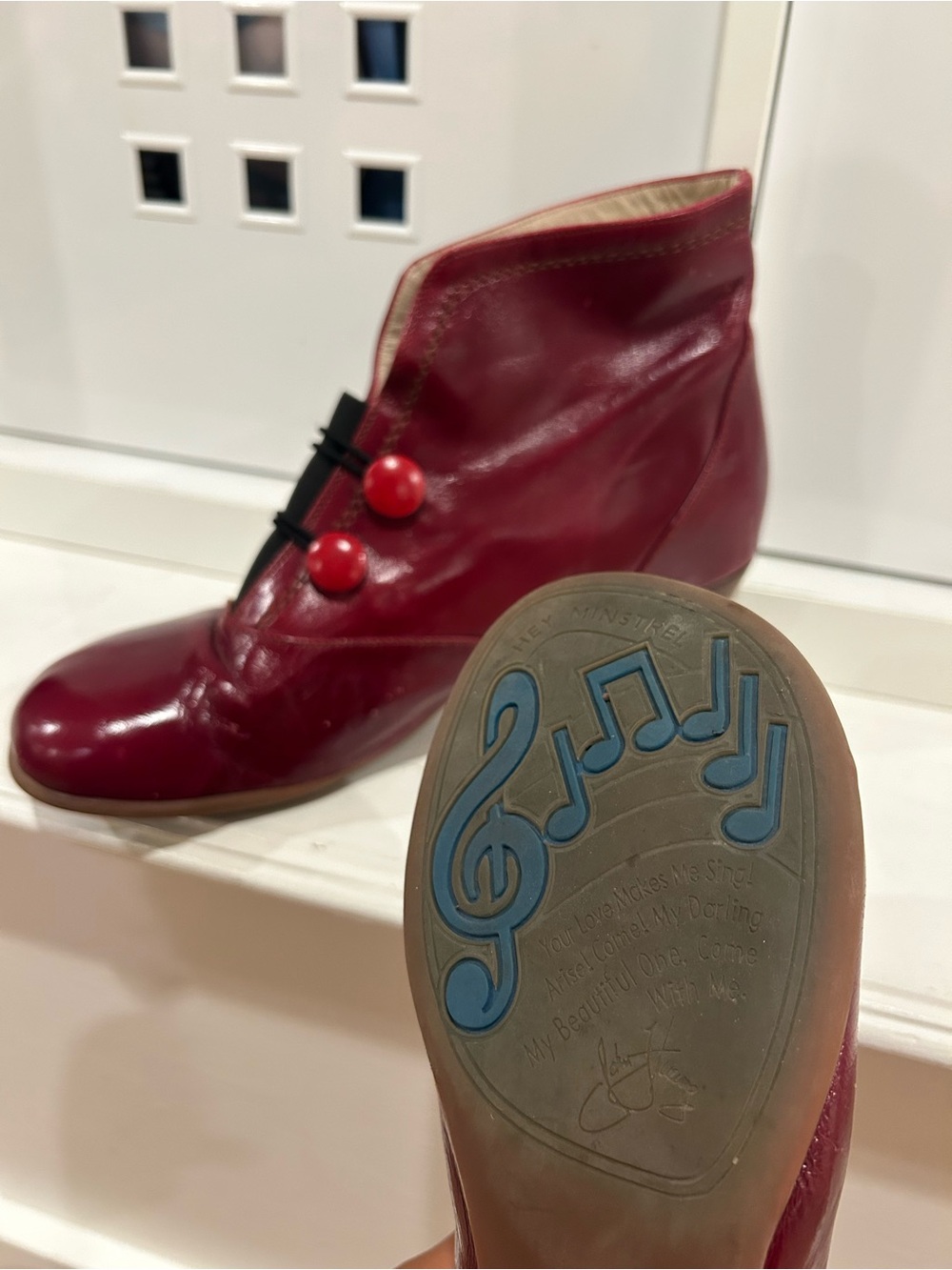 John Fluevog Red Leather Block Heel Ankle Boots - Picture 4 of 7